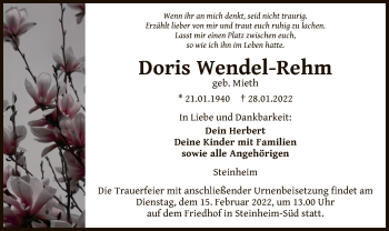 Todesanzeige von Doris Wendel-Rehm von OF