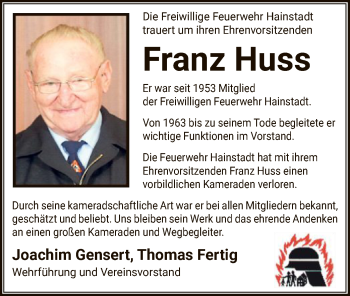 Todesanzeige von Franz Huss von OF