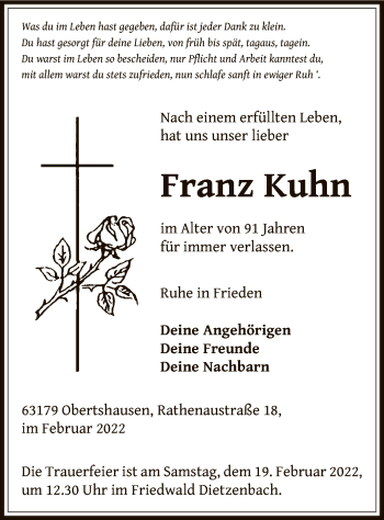 Todesanzeige von Franz Kuhn von OF