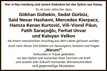 Todesanzeige von Hier in Neu-Isenburg sind unsere Gedanken bei den Opfern aus Hanau.  von OF