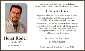 Todesanzeige von Horst Röder von OF