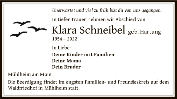 Todesanzeige von Klara Schneibel von OF