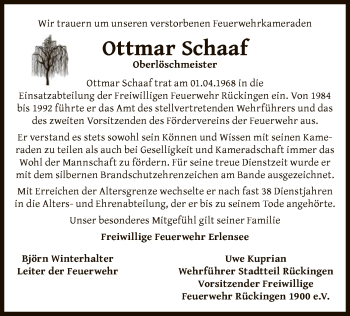 Todesanzeige von Ottmar Schaaf von OF