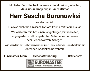 Todesanzeige von Sascha Boronowksi von OF