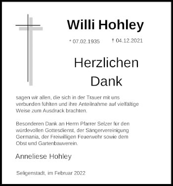 Todesanzeige von Willi Hohley von OF