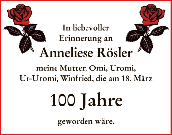 Todesanzeige von Anneliese Rösler von OF