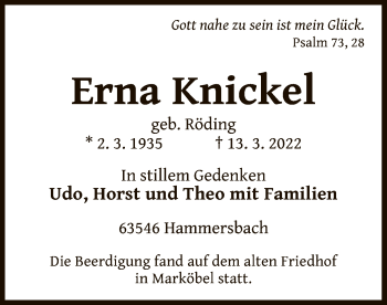 Todesanzeige von Erna Knickel von OF