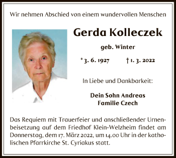 Todesanzeige von Gerda Kolleczek von OF