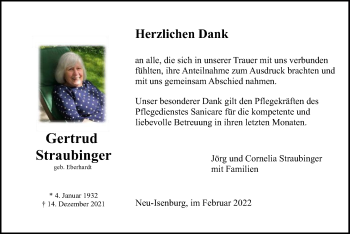 Todesanzeige von Gertrud Straubinger von OF