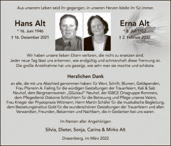 Todesanzeige von Hans und Erna Alt von OF
