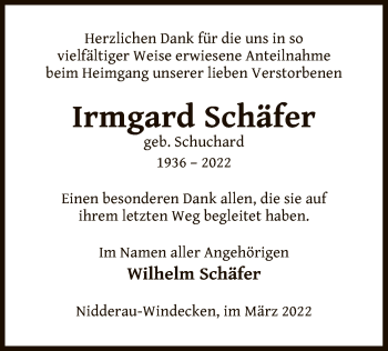 Todesanzeige von Irmgard Schäfer von OF
