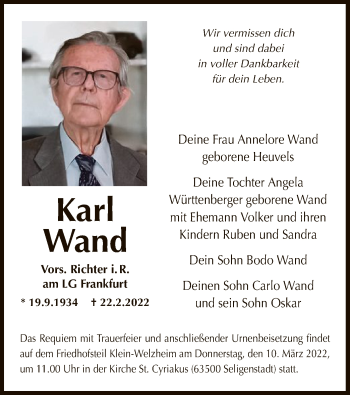 Todesanzeige von Karl Wand von OF