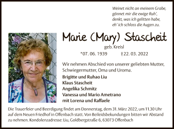 Todesanzeige von Marie Stascheit von OF