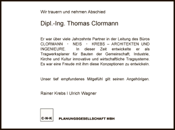 Todesanzeige von Thomas Clormann von OF