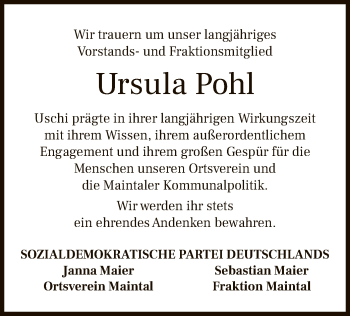 Todesanzeige von Ursula Pohl von OF
