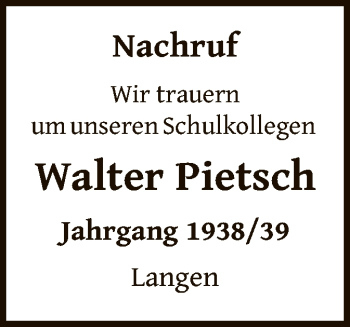 Todesanzeige von Walter Pietsch von OF