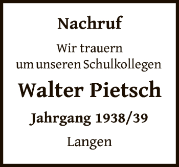 Todesanzeige von Walter Pietsch von OF