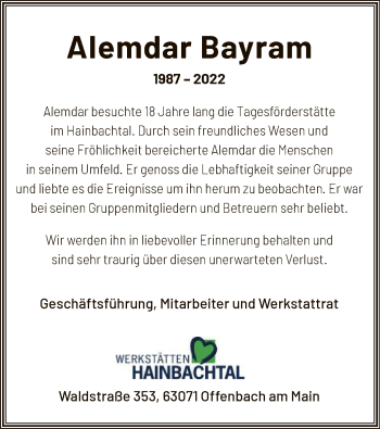 Todesanzeige von Alemdar Bayram von OF