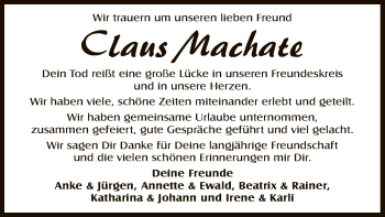Todesanzeige von Claus Machate von OF