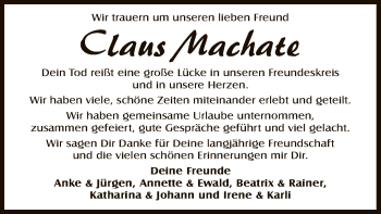 Todesanzeige von Claus Machate von OF