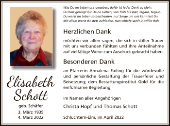 Todesanzeige von Elisabeth Schott von OF
