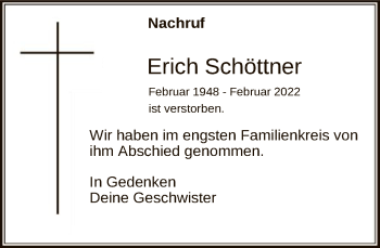 Todesanzeige von Erich Schöttner von OF