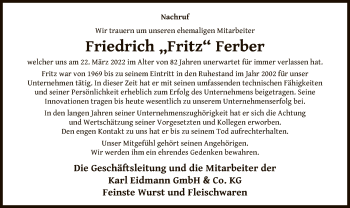 Todesanzeige von Friedrich  Ferber von OF