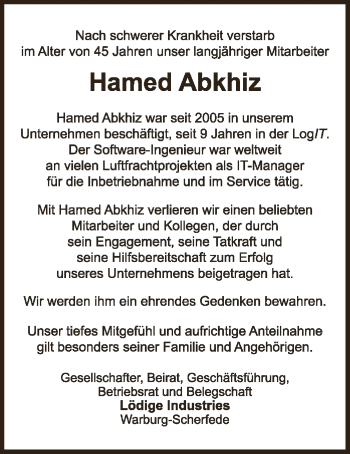 Todesanzeige von Hamed Abkhiz von OF