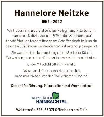 Todesanzeige von Hannelore Neitzke von OF