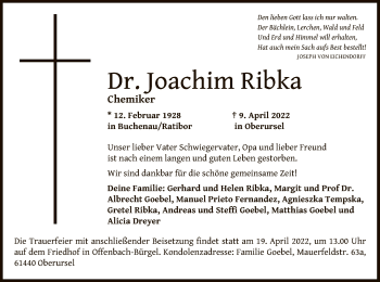 Todesanzeige von Joachim Ribka von OF