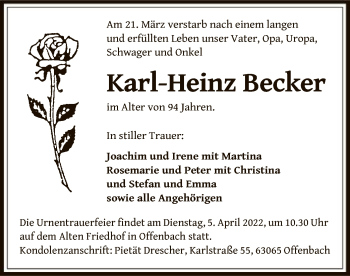 Todesanzeige von Karl-Heinz Becker von OF