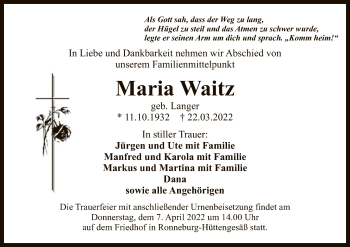 Todesanzeige von Maria Waitz von OF