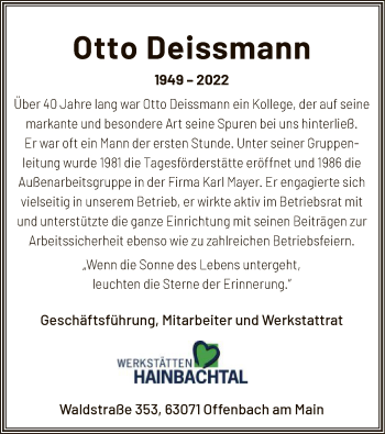 Todesanzeige von Otto Deissmann von OF