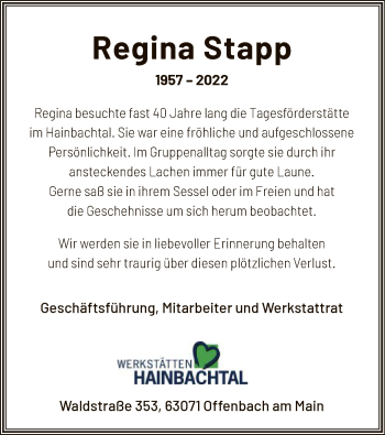 Todesanzeige von Regina Stapp von OF