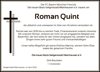 Todesanzeige von Roman Quint von OF