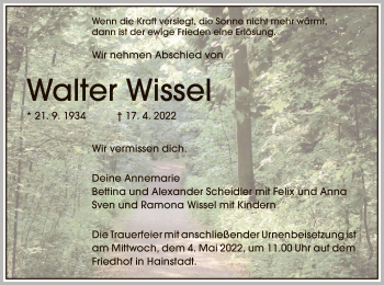Todesanzeige von Walter Wissel von OF