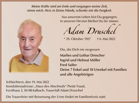 Todesanzeige von Adam Druschel von OF