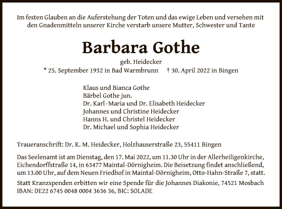 Todesanzeige von Barbara Gothe von OF