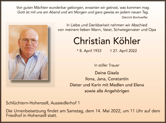 Todesanzeige von Christian Köhler von OF