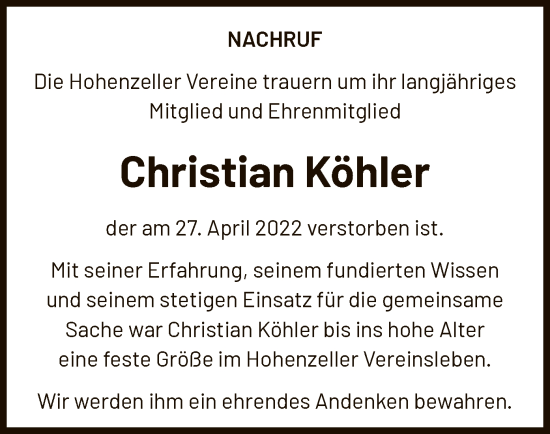 Todesanzeige von Christian Köhler von OF