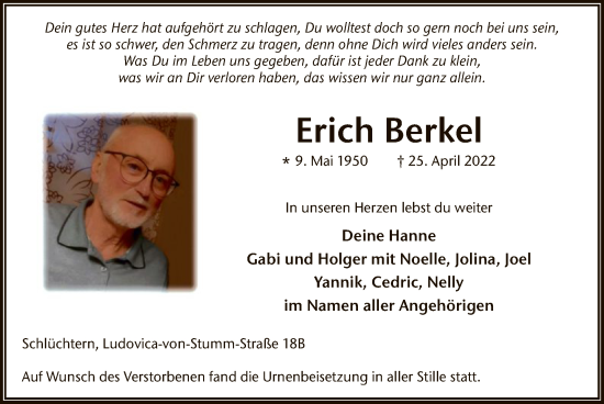 Todesanzeige von Erich Berkel von OF
