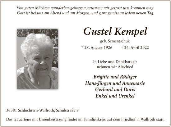 Todesanzeige von Gustel Kempel von OF