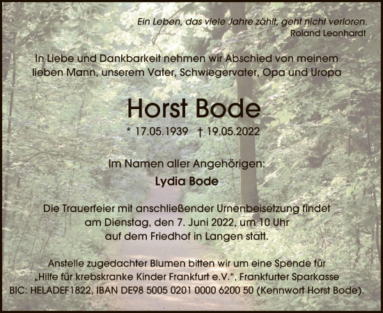 Todesanzeige von Horst Bode von OF