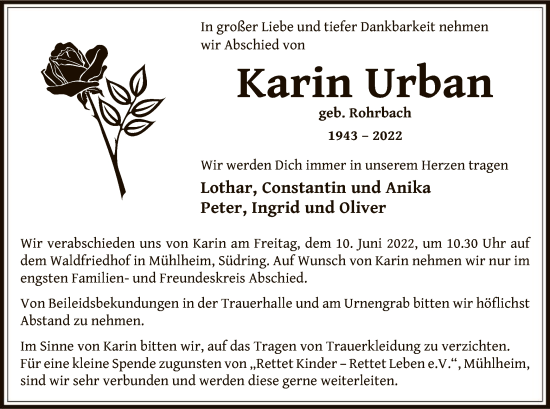 Todesanzeige von Karin Urban von OF