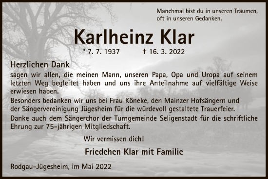 Todesanzeige von Karlheinz Klar von OF