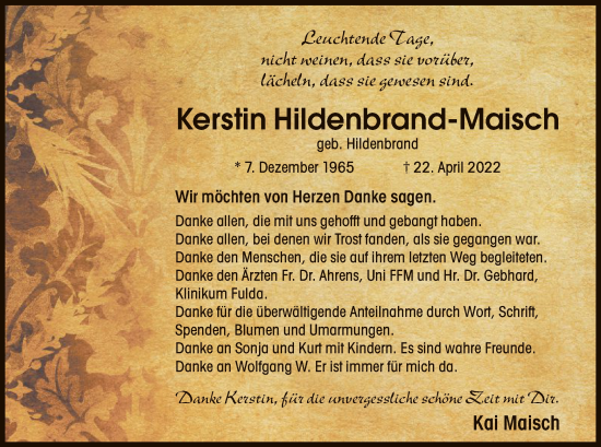 Todesanzeige von Kerstin Hildenbrand-Maisch von OF