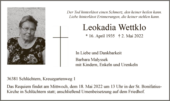 Todesanzeige von Leokadia Wettklo von OF