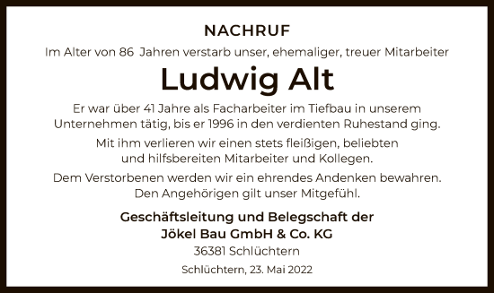 Todesanzeige von Ludwig Alt von OF