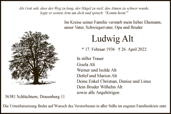 Todesanzeige von Ludwig Alt von OF