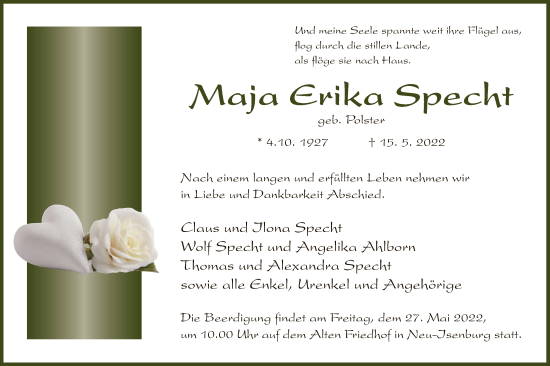 Todesanzeige von Maja Erika Specht von OF